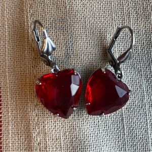Red glass Heart and silver vintage style earrings